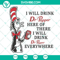 Dr Pepper themed SVG design with Dr. Seuss' Cat in the Hat holding a soft drink, humorously referencing the book.