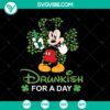 Funny Mickey Mouse drinking design with clovers and shamrocks for St. Patrick's Day SVG, perfect for Disney fans.