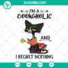 Black Cat Bookaholic SVG featuring "Regret Nothing" book and coffee design. Perfect for book lovers. Instant download.