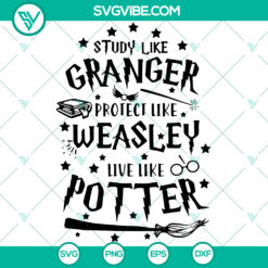 Harry Potter inspired SVG design for Study & Live Like Granger Weasley with Book, Broom, and Wand. Instant Download for fans.