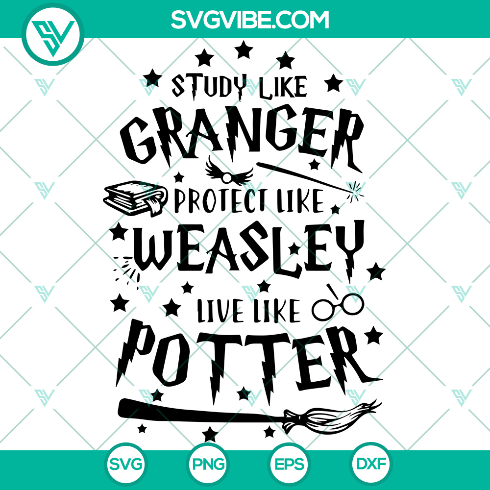 mockup-848112736.jpg Harry Potter inspired SVG design for Study & Live Like Granger Weasley with Book, Broom, and Wand. Instant Download for fans.