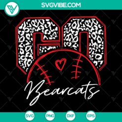 Sporty SVG design featuring "Go Bearcats Mama" text surrounded by baseball, cheerleader, and leopard print elements. Ideal for Cricut & Cameo.
