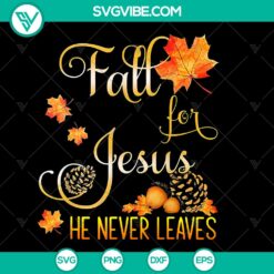 Jesus Fall For Jesus SVG & PNG Bundle featuring autumn-themed Christian designs including text and elements like leaves and pumpkins.