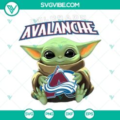 Baby Yoda hugging Colorado Avalanche logo on NHL-themed hockey t-shirt with Star Wars design, available for instant download as PNG.