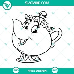 Mrs. Potts SVG cut file featuring a charming teapot character design, free download. Ideal for crafts and DIY projects.