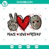 Friday the 13th inspired SVG design with elements of peace, love, and Halloween featuring Jason Voorhees. Great for spooky crafts.