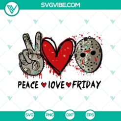 Friday the 13th inspired SVG design with elements of peace, love, and Halloween featuring Jason Voorhees. Great for spooky crafts.