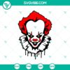 Scary Pennywise horror face SVG with Halloween characters, perfect for Halloween designs and crafts.