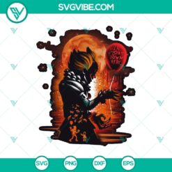 Pennywise IT "We All Float Down Here" SVG design, Halloween themed with Pennywise character, perfect for Halloween crafting.