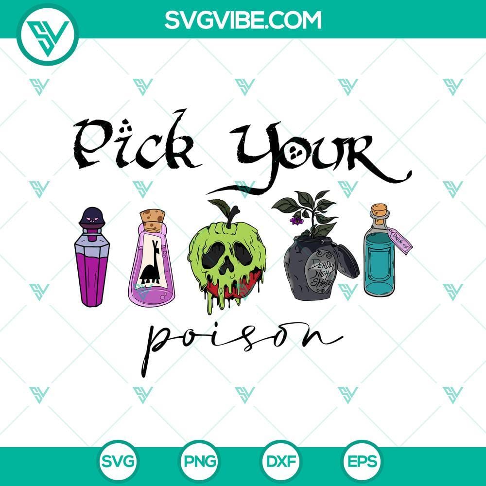 Pick Your Poison Script SVG DXF EPS PNG Cut Files Halloween themed script SVG cut files for Cricut and Silhouette, featuring "Pick Your Poison" design. Ideal for Halloween crafting projects.