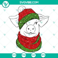 Cute pig wearing winter hat and scarf, digital files in SVG, DXF, EPS, PNG formats for crafting projects.