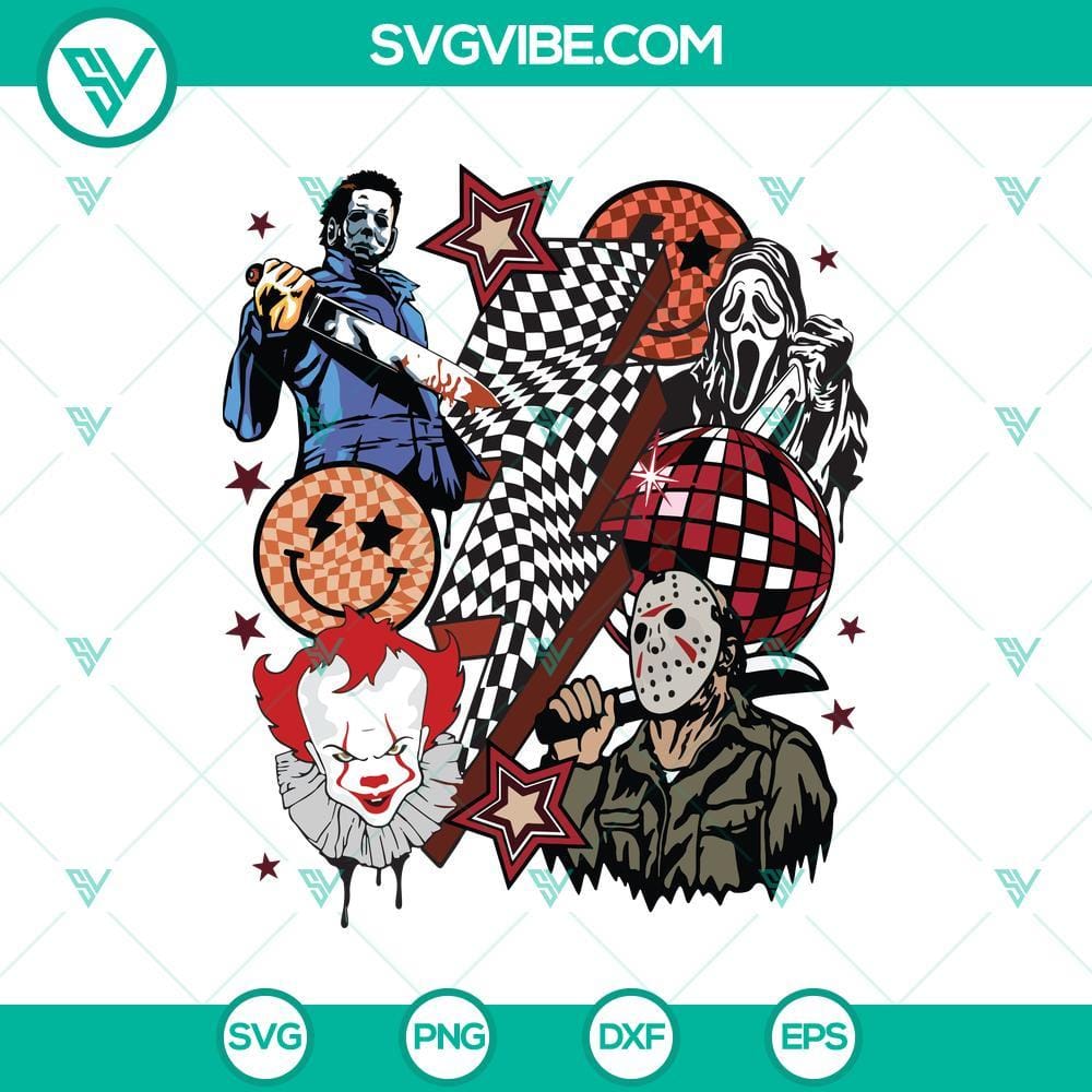 Retro Halloween Horror Characters SVG DXF EPS PNG Cut File Retro Halloween horror characters SVG design for Cricut and Silhouette featuring spooky Halloween elements like witches, vampires, and ghosts.