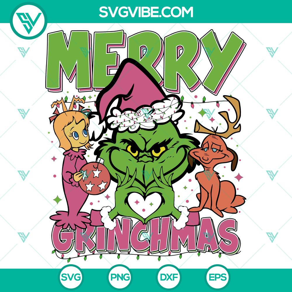 retro-pink-christmas-merry-grinchmas-svg-dxf-eps-png-files.jpg Retro Pink Christmas Merry Grinchmas SVG design with multiple file formats for crafting, featuring festive holiday elements in vibrant colors.