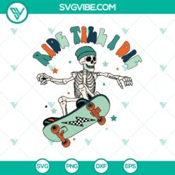 Skeleton skateboarding "Ride Till I Die" SVG design with a groovy twist, perfect for Halloween. Funny and unique Halloween SVG.