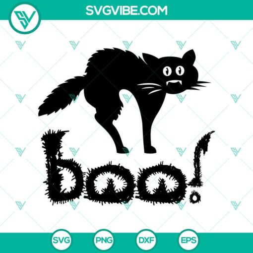 Spooky cat with "Boo" font design in Halloween theme. Perfect for Oct 31 SVG projects.