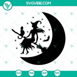 Seductive witch silhouette on crescent moon, Halloween horror SVG design for digital use.