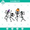 Skeleton dancing pumpkin and witch funny Halloween SVG design for digital crafting projects.