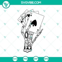 Skeleton hand holding playing cards, Poker themed SVG design with detailed bones. Perfect for Halloween or card game lovers.