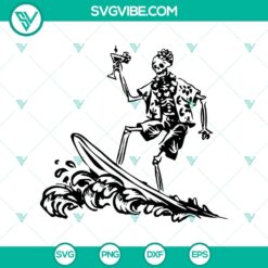 Skeleton surfing on a vacation themed SVG design, ideal for funny Halloween crafts and projects.