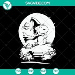 Snoopy Witch Halloween SVG featuring Snoopy riding a broomstick, perfect for spooky crafts and decor.