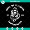 Sons of Slasher Woodsboro SVG, Horror Film Club SVG, Horror Halloween SVG design featuring spooky elements and text. Great for horror film enthusiasts.