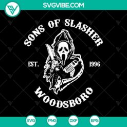 Sons of Slasher Woodsboro SVG, Horror Film Club SVG, Horror Halloween SVG design featuring spooky elements and text. Great for horror film enthusiasts.