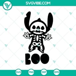 Stitch Boo Skellington SVG featuring Disney Halloween theme, Mickey and Minnie. Perfect for spooky crafting projects.