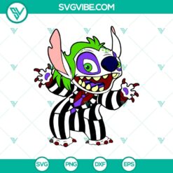 Stitch x Beetlejuice SVG design featuring Stitch character in Beetlejuice costume for Halloween. Funny and spooky digital product.