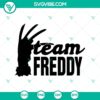 Team Freddy SVG design with Freddy Krueger, Team Horror SVG, horror movie character silhouette on a digital product image.