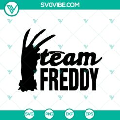 Team Freddy SVG design with Freddy Krueger, Team Horror SVG, horror movie character silhouette on a digital product image.