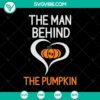 Man carving pumpkin in this Halloween themed SVG design with "The Man Behind The Pumpkin" text, ideal for Halloween decorations.