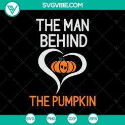 Man carving pumpkin in this Halloween themed SVG design with "The Man Behind The Pumpkin" text, ideal for Halloween decorations.