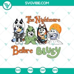 Nightmare Before Bluey Halloween SVG design for Cricut and Silhouette, featuring spooky elements like bats, pumpkins, and more.