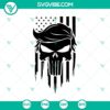 Trump skull SVG with USA flag design, featuring a skull with Donald Trump's iconic hairstyle. Perfect for patriotic projects.