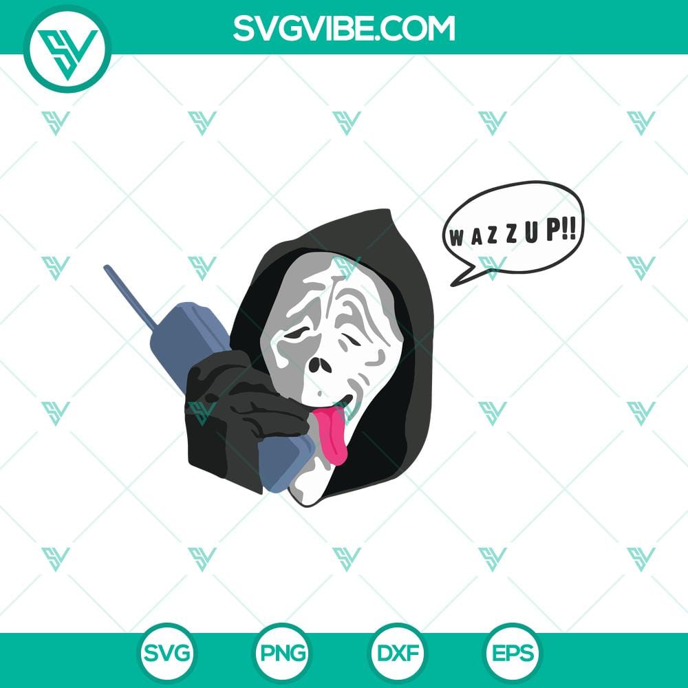 wazzup-svg-ghost-face-calling-svg-scream-ghost-svg.jpg Wazzup!! SVG featuring a ghost face calling from the Scream movie, spooky Halloween design with the text "Wazzup!!" on a digital product.