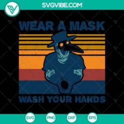Halloween Ravens SVG with "Wear A Mask Wash Your Hands" message in retro style. Ideal for festive DIY projects.