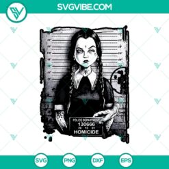Wednesday Addams Halloween Mugshot SVG with Homicide and Horror Halloween theme, perfect for spooky crafting projects.