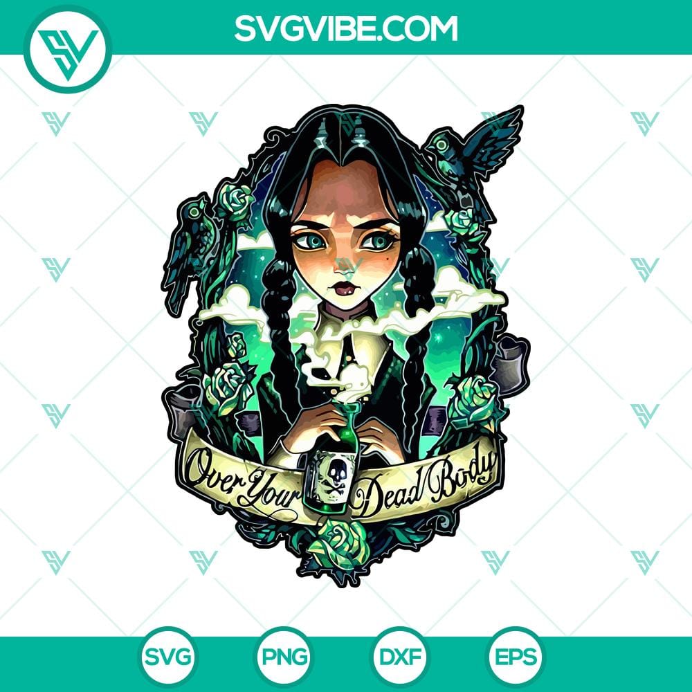 wednesday-addams-over-your-dead-body-svg-wednesday-addams-svg-halloween-svg.jpg Wednesday Addams SVG design with "Over Your Dead Body" text, great for Halloween.