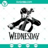 Wednesday Addams inspired SVG design of a girl playing violin, ideal for Halloween crafts and projects.
