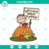 Welcome Great Pumpkin SVG featuring Charlie Brown and pumpkin Halloween design. Perfect for Halloween crafts.