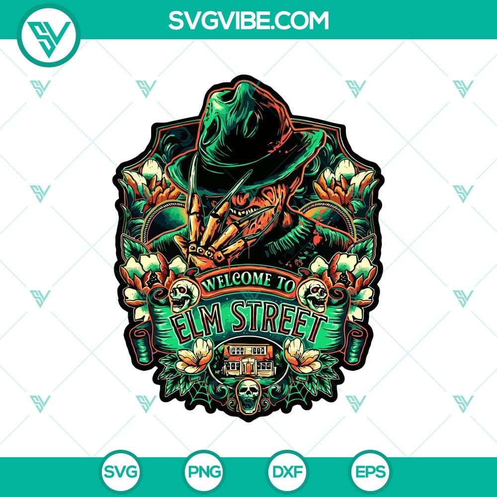welcome-to-elm-street-svg-freddy-krueger-svg-horror-movie-svg.jpg Elm Street SVG with Freddy Krueger design, perfect for horror movie fans.