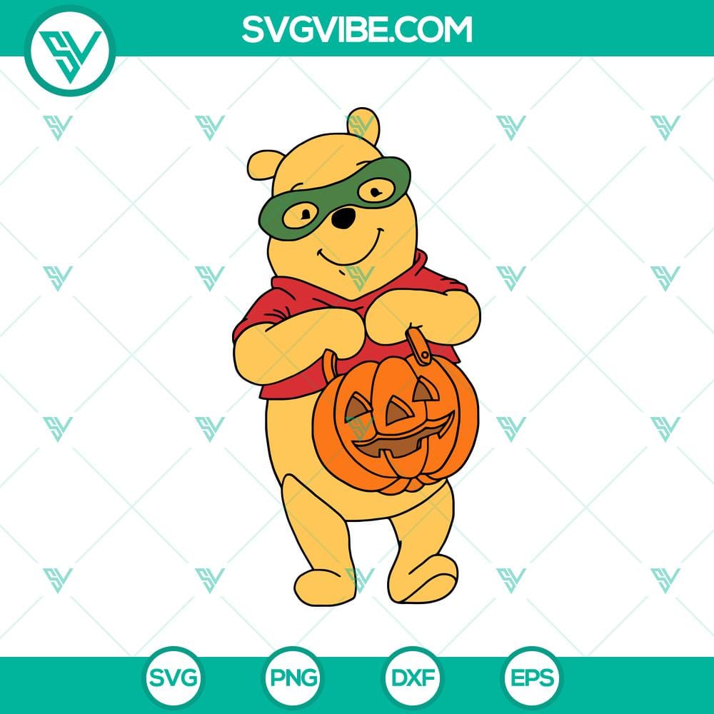 Winnie Take A Pumpkin SVG, Winnie The Pooh SVG, Disney Halloween SVG Winnie the Pooh in Halloween costume holding a pumpkin SVG, Disney Halloween themed design for crafting.