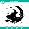 Halloween witch flying in front of a full moon, horror-themed SVG design for Halloween projects.