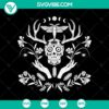Witch skull, moth, moons, and crystals Halloween SVG design for spooky-themed crafts and decor.