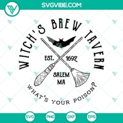 Witch's Brew Tavern SVG design, perfect for Halloween projects and decorations, featuring witches and spooky elements.