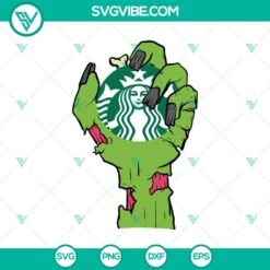 Zombie Hand Starbucks SVG with Halloween and Zombie elements for crafting, featuring spooky Starbucks logo and green zombie hand.